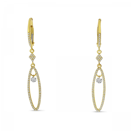 14K Yellow Gold Dashing Diamond Long Oval Dangle Earrings