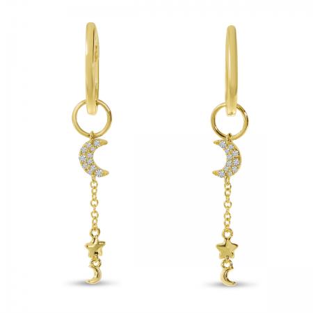 14K Yellow Gold Diamond Moon and Stars Dangle Hoop Earrings