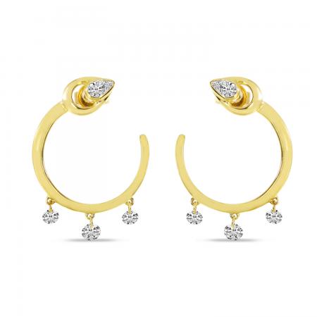 14K Yellow Gold Dashing Diamond Pear Front Hoop Three stone pierced Earrings