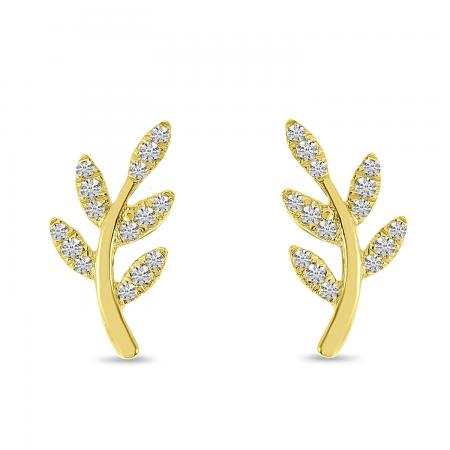 14K Yellow Gold Diamond Leaf Post Earrings