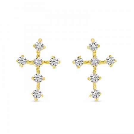 14K Yellow Gold Diamond Mini Cross Stud Earrings