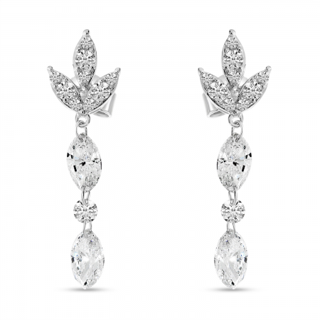 14K White Gold Dashing Diamond Fancy Lotus Marquise and Round Diamond Dangle Earrings