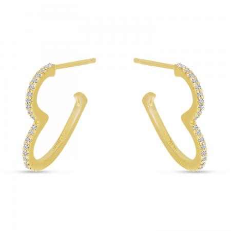 14K Yellow Gold Diamond Open Heart Hoop Earrings