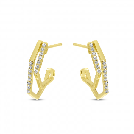 14K Yellow Gold Diamond Geometric Double Hoop Earrings