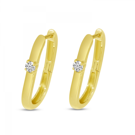 14K Yellow Gold Oval Hoop Earrings With Single Diamond