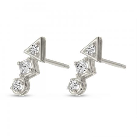 14K White Gold Triple Diamond Bar Geo Stud Earrings