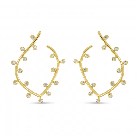 14K Yellow Gold Bubble Front Leaf Hoop Earrings