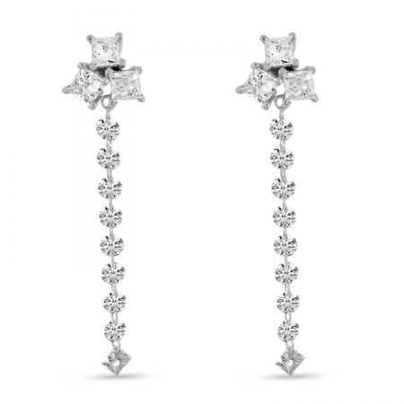 14K White Gold Dashing Diamond Princess Cut Cluster Dangle Earrings