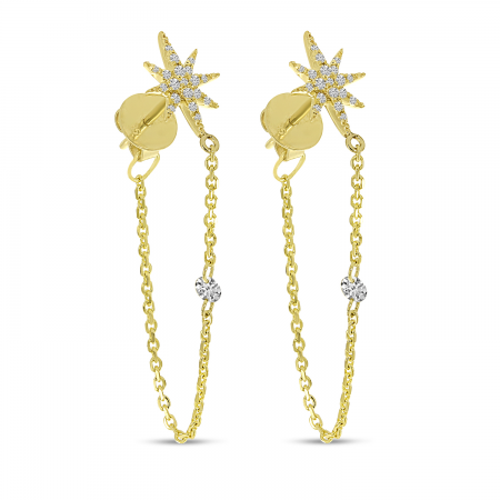 14K Yellow Gold Dashing Diamonds Starburst Chain Earrings