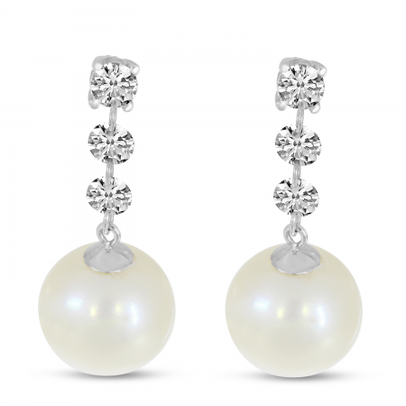 14K White Gold Dashing Diamonds 3-Stone Drop Pearl Earrings