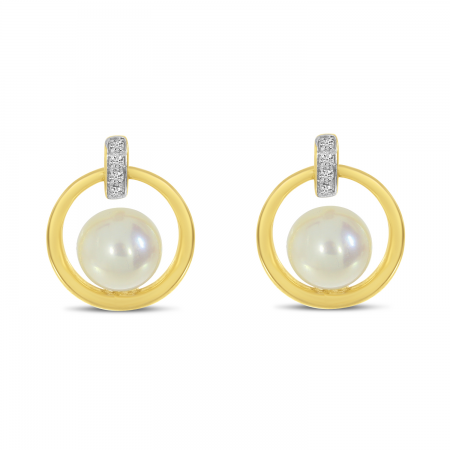 14K Yellow Gold Pearl and Diamond Frontal Hoop Earrings