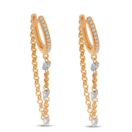 14K Yellow Gold Dashing Diamond Triple Diamond Chain Huggie Earrings
