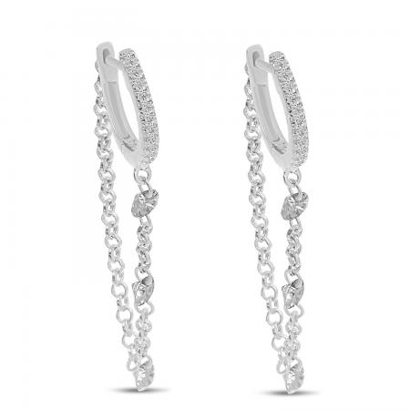 14K White Gold Dashing Diamond Triple Diamond Chain Huggie Earrings