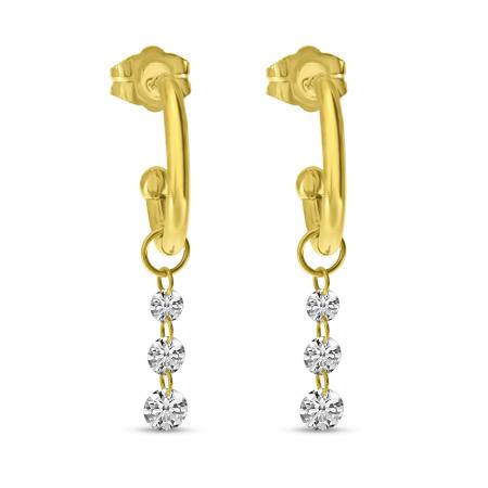 14K Yellow Gold Dashing Diamonds Hoop Charm Dangle Earrings