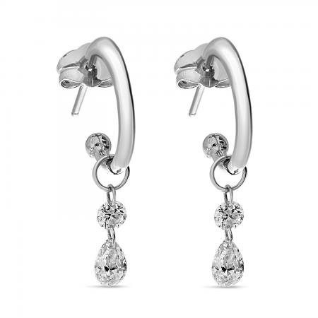 14K White Gold Dashing Diamonds Fancy Hoop Charm Dangle Earrings