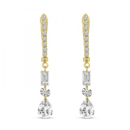 14K Yellow Gold Dashing Diamond Baguette, Round and Pear Diamond Drop Earrings