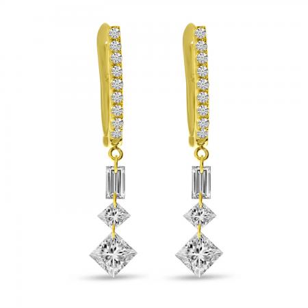 14K Yellow Gold Dashing Diamond Baguette and Princess Diamond Drop Earrings
