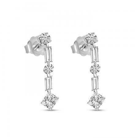 14K White Gold Dashing Diamond Round, Baguette and Princess Diamond Dangle Earrings