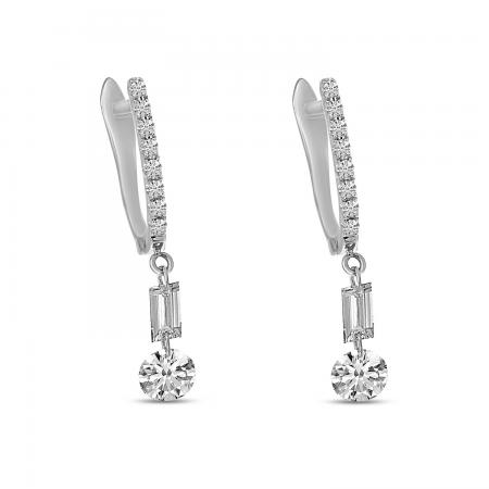 14K White Gold Dashing Diamond Round and Baguette Diamond Dangle Earrings