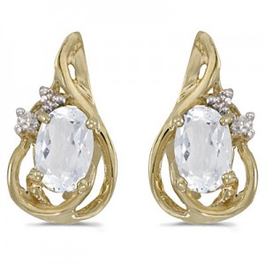 14k Yellow Gold Oval White Topaz And Diamond Teardrop Earrings