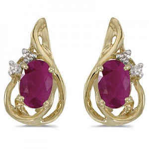 14k Yellow Gold Oval Ruby And Diamond Teardrop Earrings