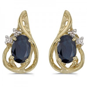14k Yellow Gold Oval Sapphire And Diamond Teardrop Earrings