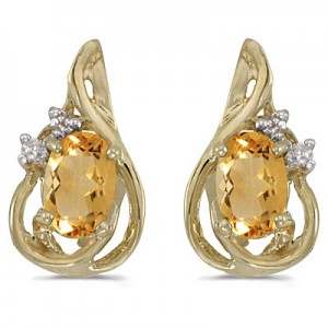 14k Yellow Gold Oval Citrine And Diamond Teardrop Earrings
