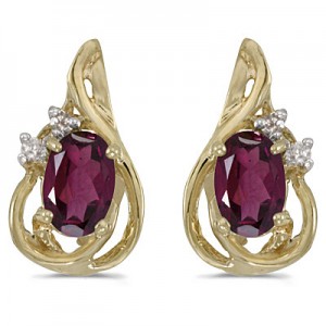 14k Yellow Gold Oval Rhodolite Garnet And Diamond Teardrop Earrings