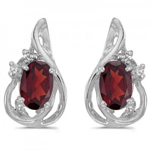 14k White Gold Oval Garnet And Diamond Teardrop Earrings