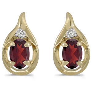 14k Yellow Gold Oval Garnet And Diamond Earrings