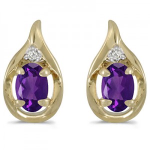 14k Yellow Gold Oval Amethyst And Diamond Earrings