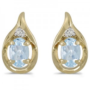 14k Yellow Gold Oval Aquamarine And Diamond Earrings