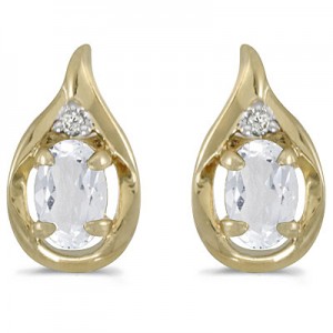 14k Yellow Gold Oval White Topaz And Diamond Earrings