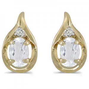 14k Yellow Gold Oval White Topaz And Diamond Earrings