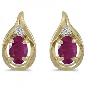 14k Yellow Gold Oval Ruby And Diamond Earrings