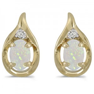 14k Yellow Gold Oval Opal And Diamond Earrings