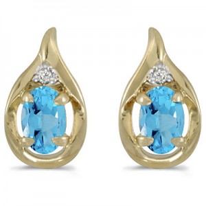 14k Yellow Gold Oval Blue Topaz And Diamond Earrings