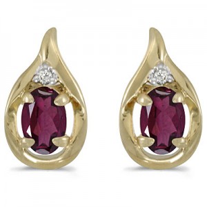 14k Yellow Gold Oval Rhodolite Garnet And Diamond Earrings