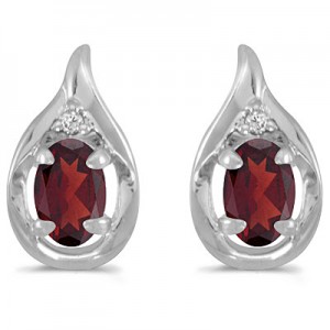 14k White Gold Oval Garnet And Diamond Earrings