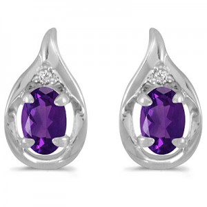 14k White Gold Oval Amethyst And Diamond Earrings