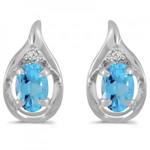 14k White Gold Oval Blue Topaz And Diamond Earrings