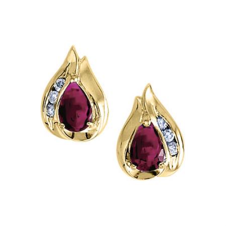 14k Yellow Gold Pear Ruby and Diamond Stud Earrings
