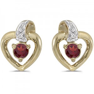 10k Yellow Gold Round Garnet And Diamond Heart Earrings