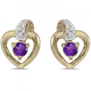 10k Yellow Gold Round Amethyst And Diamond Heart Earrings