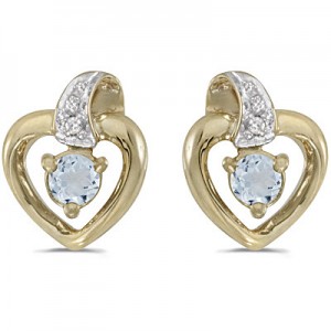10k Yellow Gold Round Aquamarine And Diamond Heart Earrings