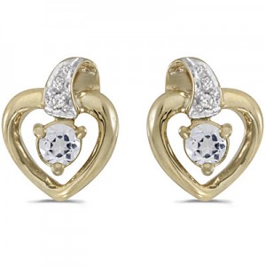 10k Yellow Gold Round White Topaz And Diamond Heart Earrings