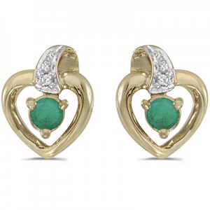 10k Yellow Gold Round Emerald And Diamond Heart Earrings