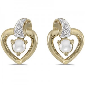 10k Yellow Gold Pearl And Diamond Heart Earrings