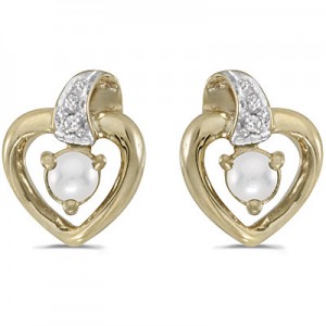 10k Yellow Gold Pearl And Diamond Heart Earrings