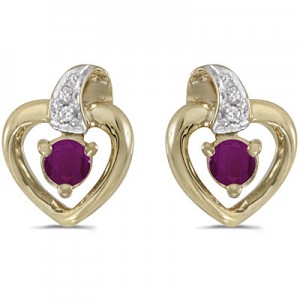 10k Yellow Gold Round Ruby And Diamond Heart Earrings